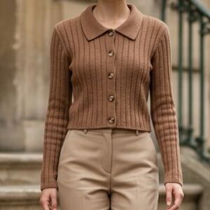 London Kaye Light Mocha Fuzzy Button Cardigan Soft Cozy Size M Collared Cropped
